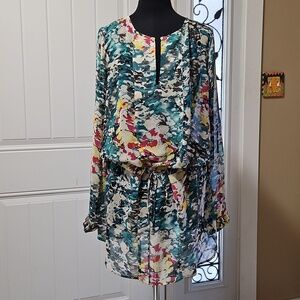 Rubby Ducky Productions Sheer Abstract Print Tunic Coverup Mini Dress M